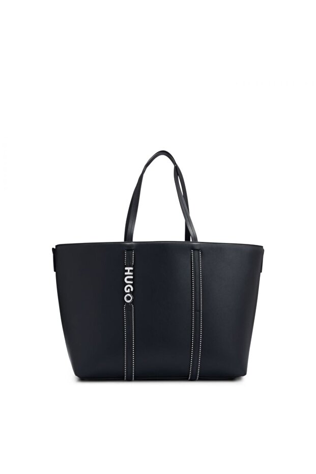 Women's Large Internal Volume Black Shoulder Bag with Metal Logo Detail