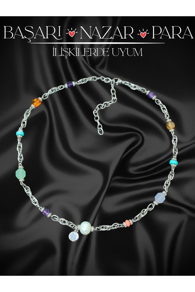 Certified Aa+ Peridot & Amethyst-Amber-Pearl-Citrine-Coral-Turquoise Natural Stone Steel Women's Necklace