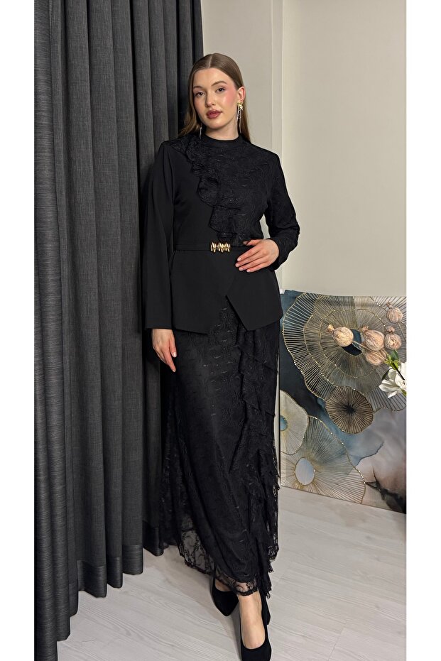 Imported K Crepe D Lace Fabric K Belt I D Mock Neck a Lined Jacket Skirt Special Design Top and Bottom Set