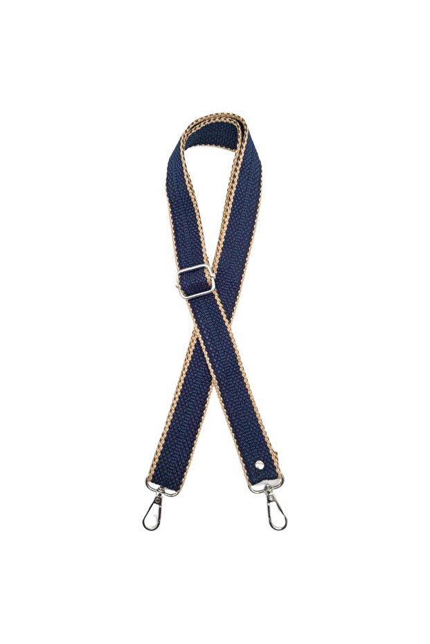 Polyester Column Bag - 120X3 Cm, Dark Blue Color, Beige Stripe and Silver Metal