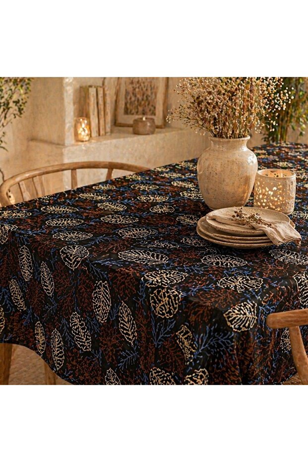 Bohemian Vintage Linen Tablecloth with Embroidery Detail and Leaf Pattern