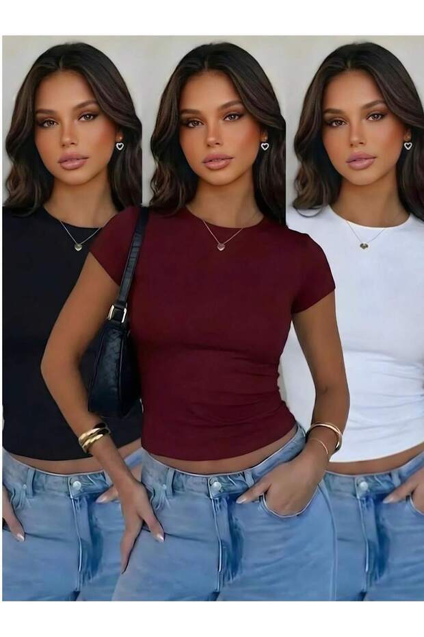 Cotton 3-Piece Set Soft Textured Comfortable Straight Cut Short Sleeve Crew Neck Bluz T-Shirt