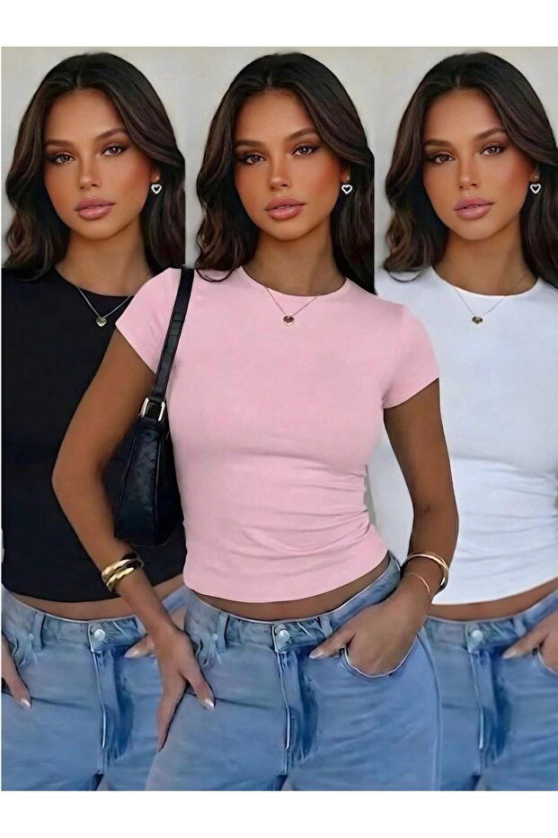Cotton 3-Piece Set Soft Textured Comfortable Straight Cut Short Sleeve Crew Neck Bluz T-Shirt