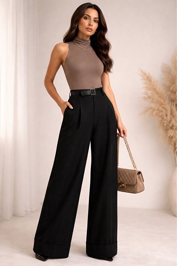 Women's Black Double-Legged Belted Palazzo Trousers