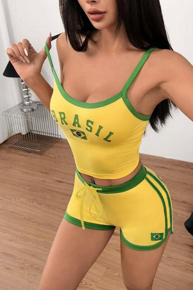 Yellow Vintage Brasil Green Stripe Crop Shorts Set of Two
