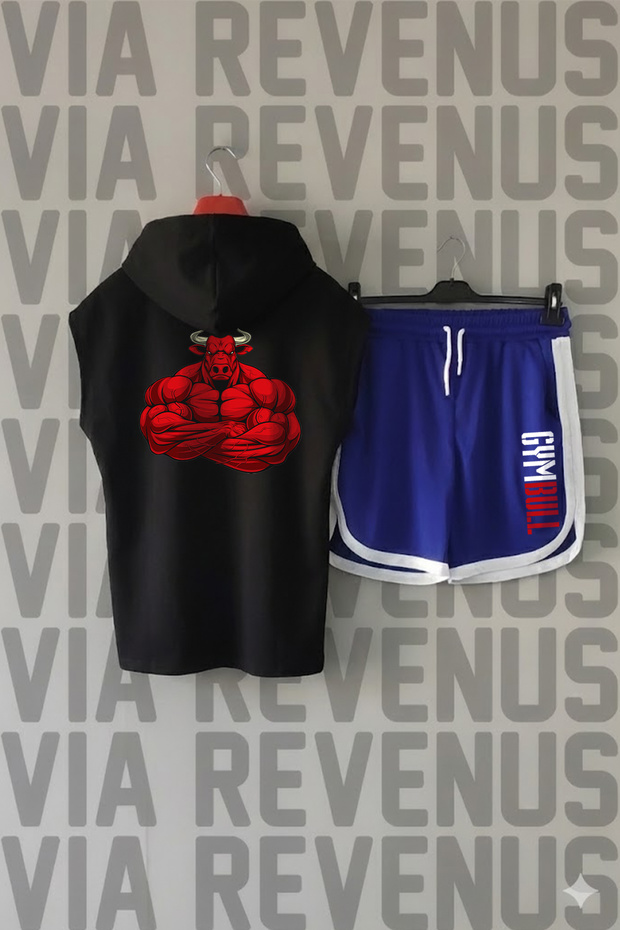 Gym Bull Front and Back Printed Zero Sleeve Hooded Sports Tshirt and Custom Jersey Fabric Sports Shorts