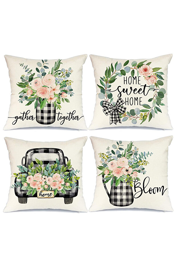 Set of 4 Floral Patterned Throw Pillow Covers Rose Bouquet Home Sweet Home Decorative Pillow