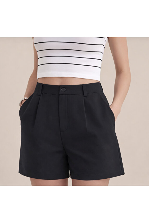 Women's Black Pleated Shorts with Elastic Back