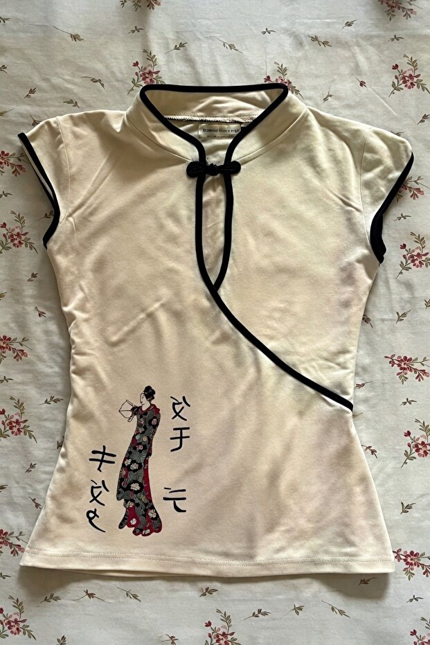 Ecru Mandarin Collar Black Striped Qipao Short Sleeve Blouse