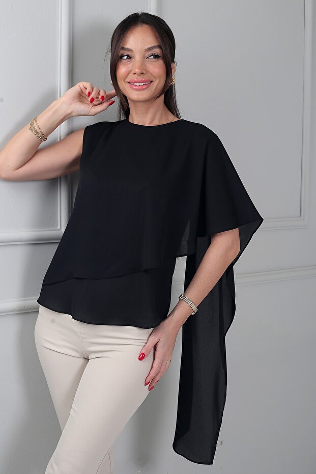 Women's Asymmetrical Cut Chiffon Blouse with Scarf