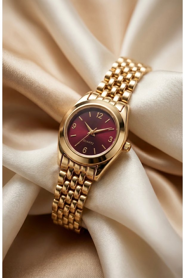 Women's Steel Watch Gold Color Burgundy Dial Minimal Vintage Classic Luxury | Elegant Stylish Women's Wristwatch 2026