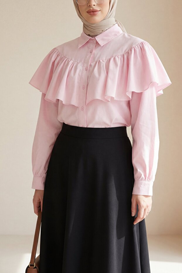 Poplin Shirt Blouse with Ruffle Detail on Front and Shoulders - Pink