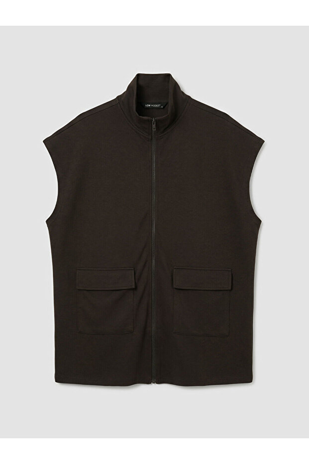 Brown Stand Collar Oversize Drawstring Women's Vest by Güli̇s Gi̇yi̇m