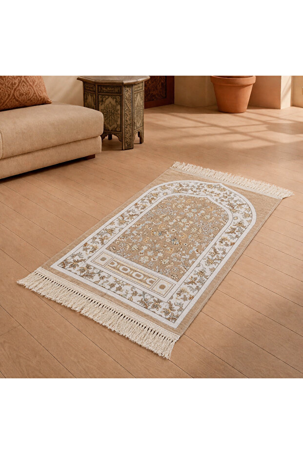 Luxury Soft Prayer Mat Rawdha Floral Design Light Color Non-Slip Seccade Carpet Rug
