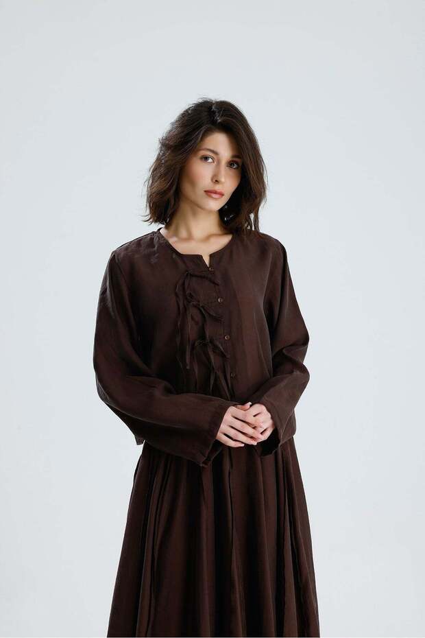 Women's Brown Tencel Fabric Blouse with Lace Detail and Buttons 31043