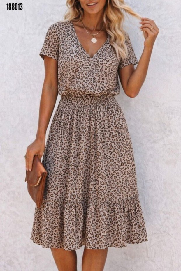 New Season Women's V-Neck Elastic Waist Short Sleeve Midi Single Jersey Dress