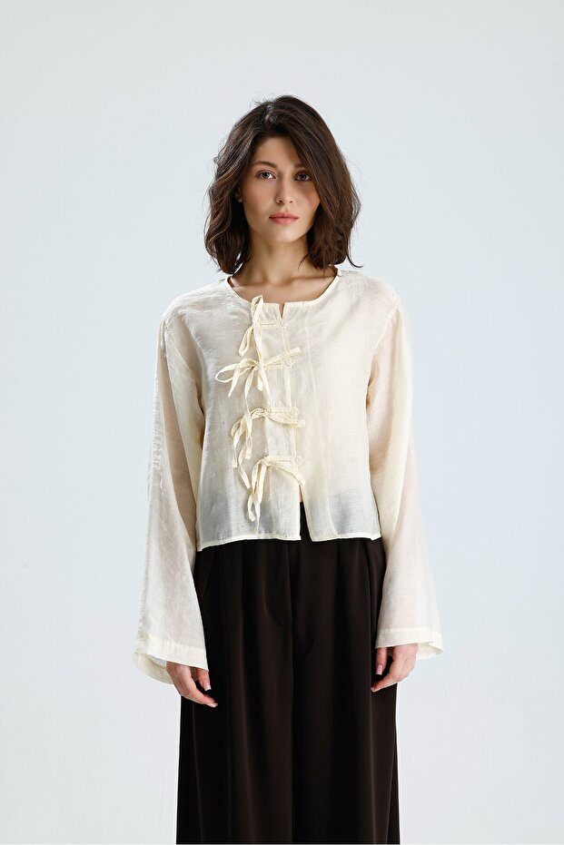 Women's Yellow Tencel Fabric Blouse with Lace Detail and Buttons 31043