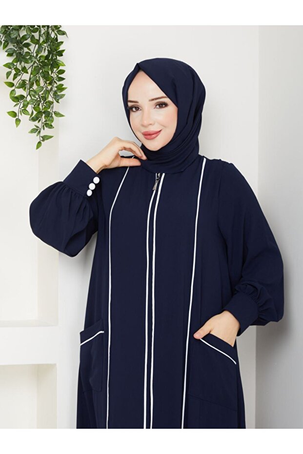 Medina Silk Zippered Women's Ferace with Scarf 2-Piece Set Stylish and Comfortable A-92 _ Navy Blue
