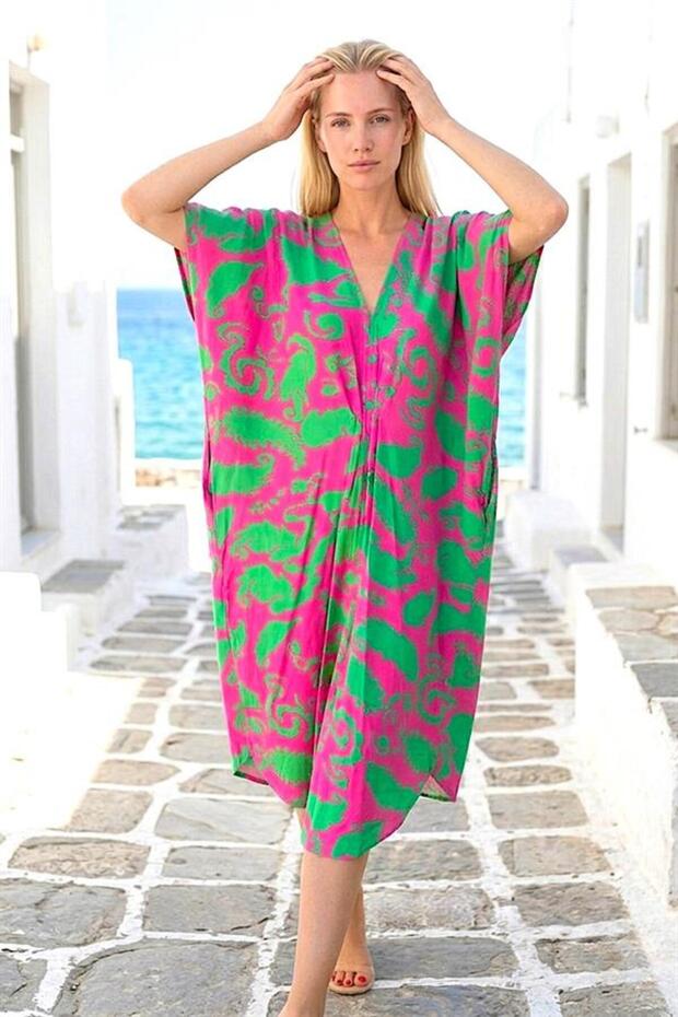 Fuchsia Green Patterned V-Neck Design Dress with Pockets