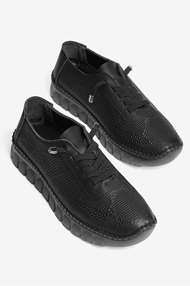 Women's Genuine Leather Casual Shoes Comfortable Flexible Sole Elastic Laces Vexor Black