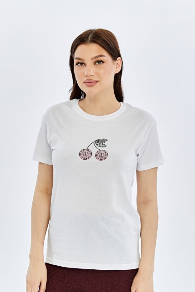 Embroidery print o-neck women's t-shirt cherry white