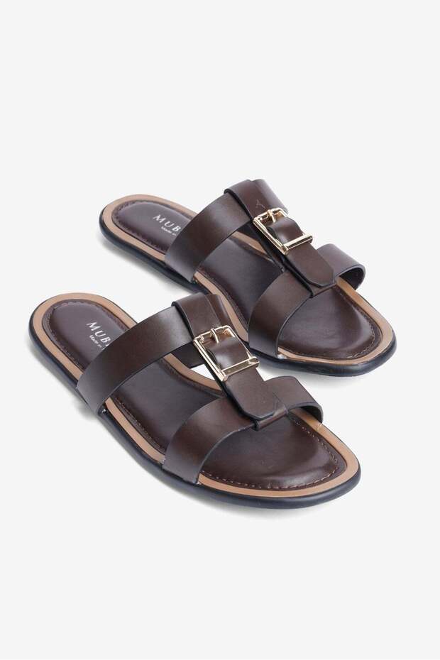 Women's Slippers with Double Straps and Gold Buckle, Maral Brown