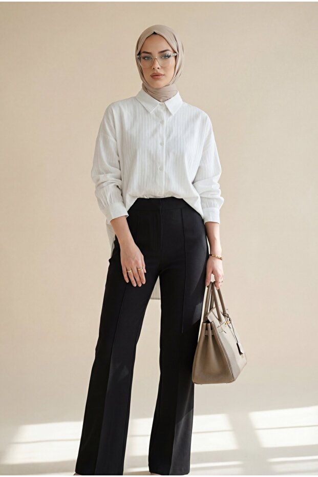 Long Backline Patterned Buttoned Loose Shirt -Ecru