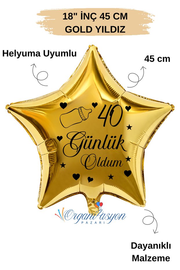 18 Inch Gold Star Foil Balloon |   I'M 40 Now |   Baby Bottle with Figure |   Baby Mevlüt |   Gold