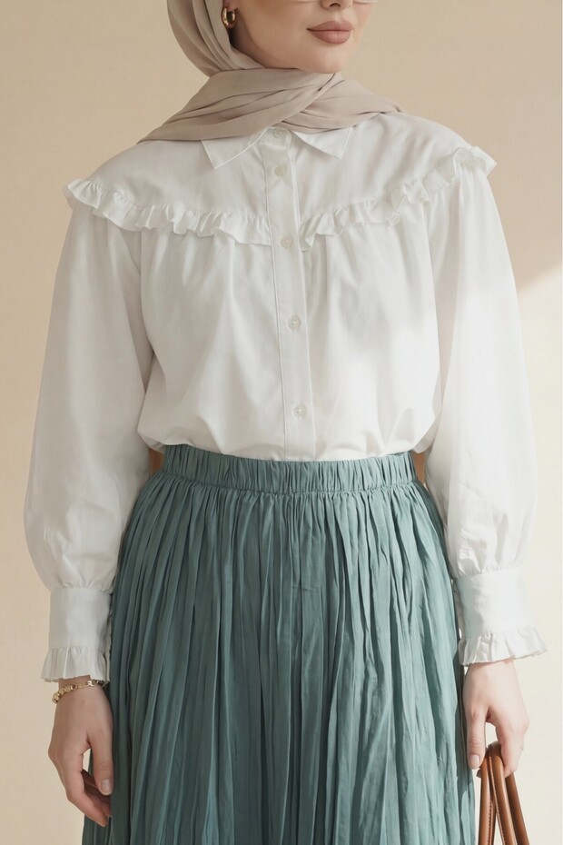 Ruffle Detailed Buttoned Short Shirt -White