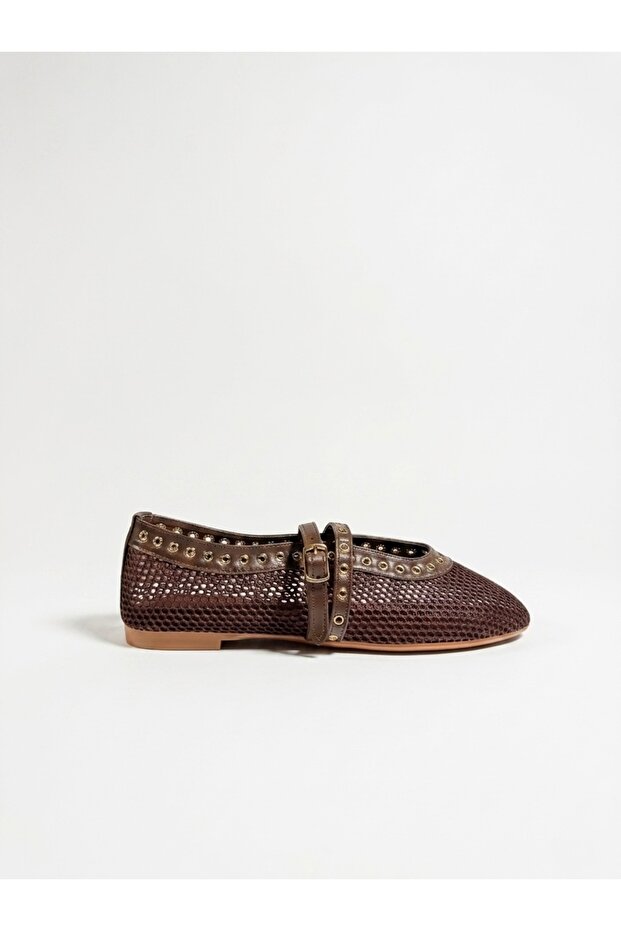 Women's Brown Double-Strapped Mesh Ballerinas with Staple Detail