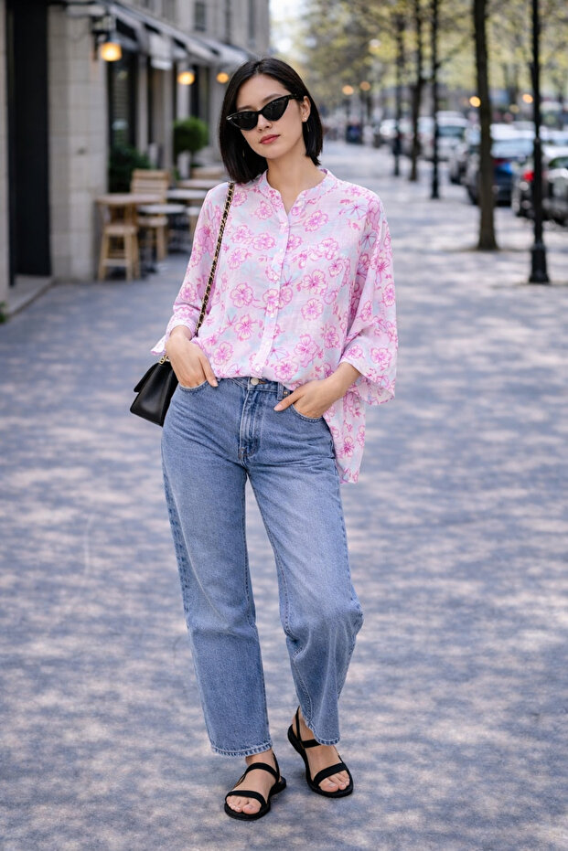 Pink & White Floral Printed Shirt
