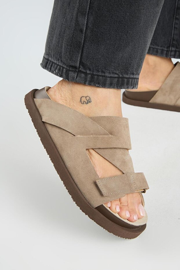 Elifi Women's Genuine Leather Velcro Mink Slippers