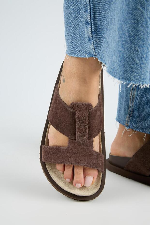 Sabrina Women's Genuine Leather Double-Strapped Brown Slippers