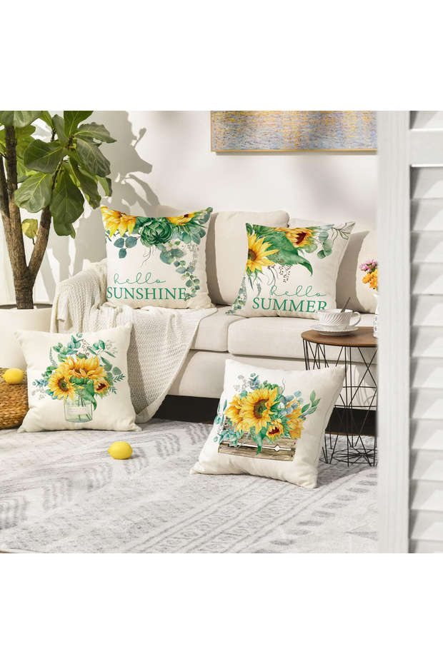 Set of 4 Sunflower Patterned Throw Pillow Covers Country Market Rustic Decorative Pillow