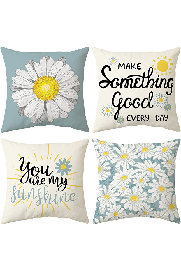 Set of 4 Daisy and Flower Patterned Throw Pillow Covers with Decorative Pillow with the Text You Are My Sunshine