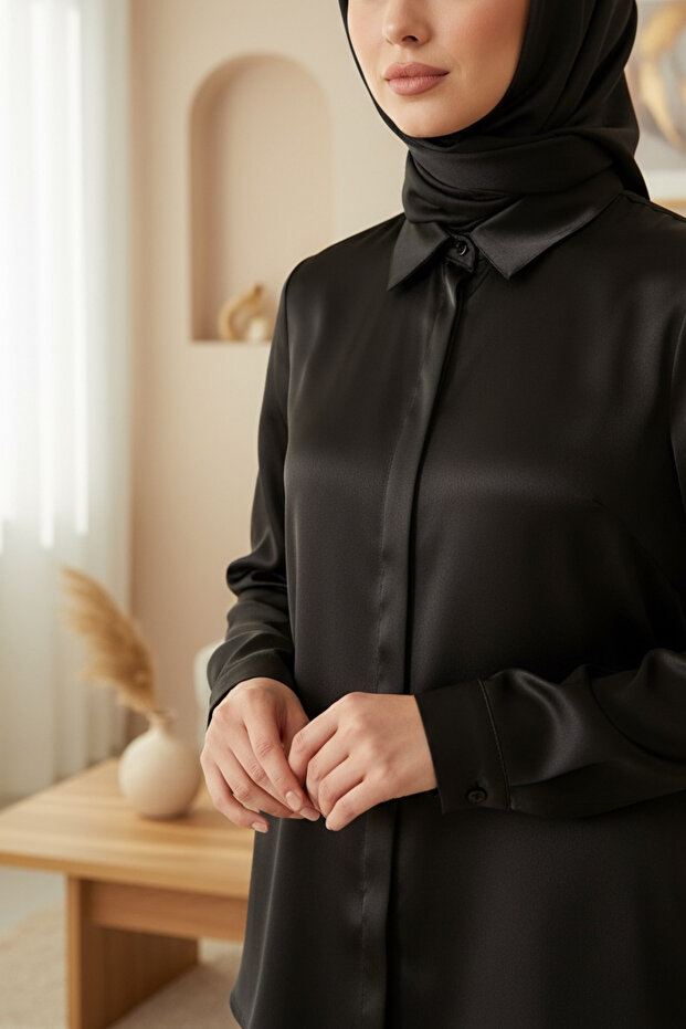 3964 Lightweight Draped Satin Shirt - Black