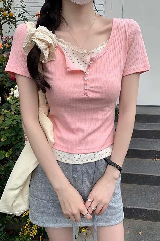 Pink Buttoned Short Sleeve Crop with Inserts Thesolo