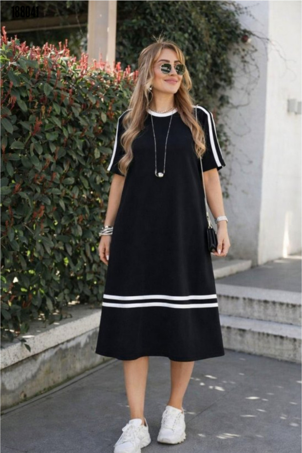 Women's Stripe Detailed Crew Neck Short Sleeve Summer Long Viscose Dress
