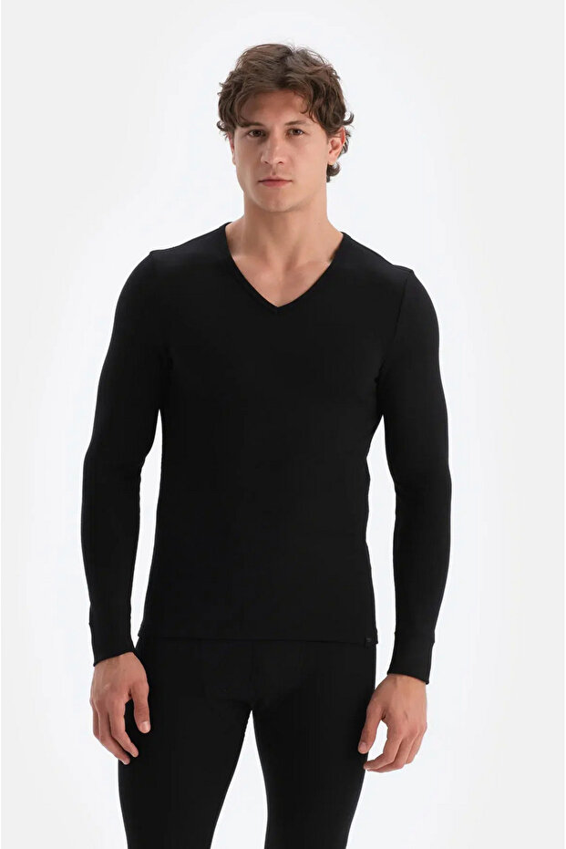Men's Thermal Underwear Top V-Neck Long Sleeve D6035 - Black / Ecru Options