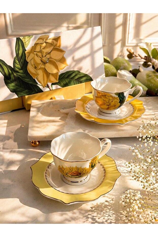Porcelain Turkish Coffee Cup Set for 2 People 4 Pieces Botanica Yellow