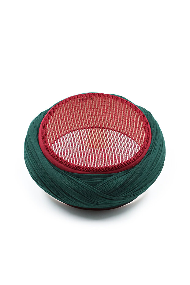 Mesh Sarık - Green Fabric - Burgundy Skullcap - Crossed Wrap - Mesh - 7 Meters