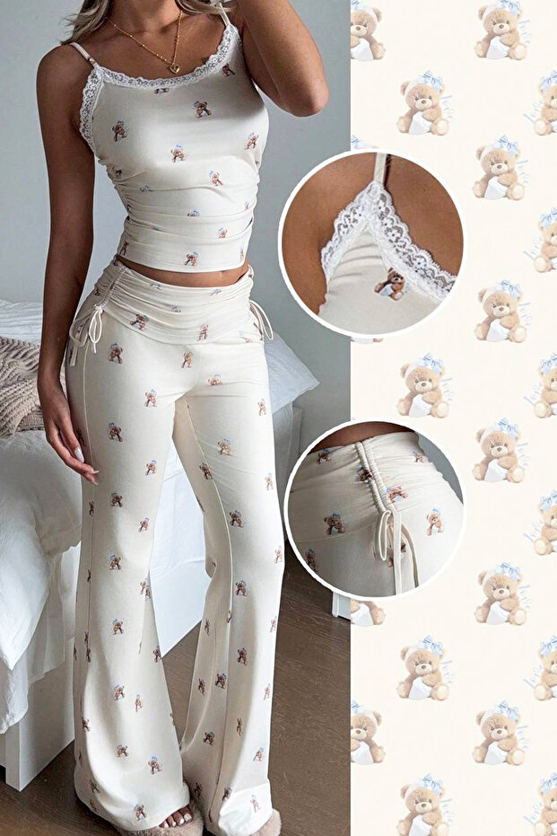 Teddy Ecru Lace Detailed Teddy Bear Printed Gathered Spanish Leg Slim Fit Leggings Blouse 2-Piece Set