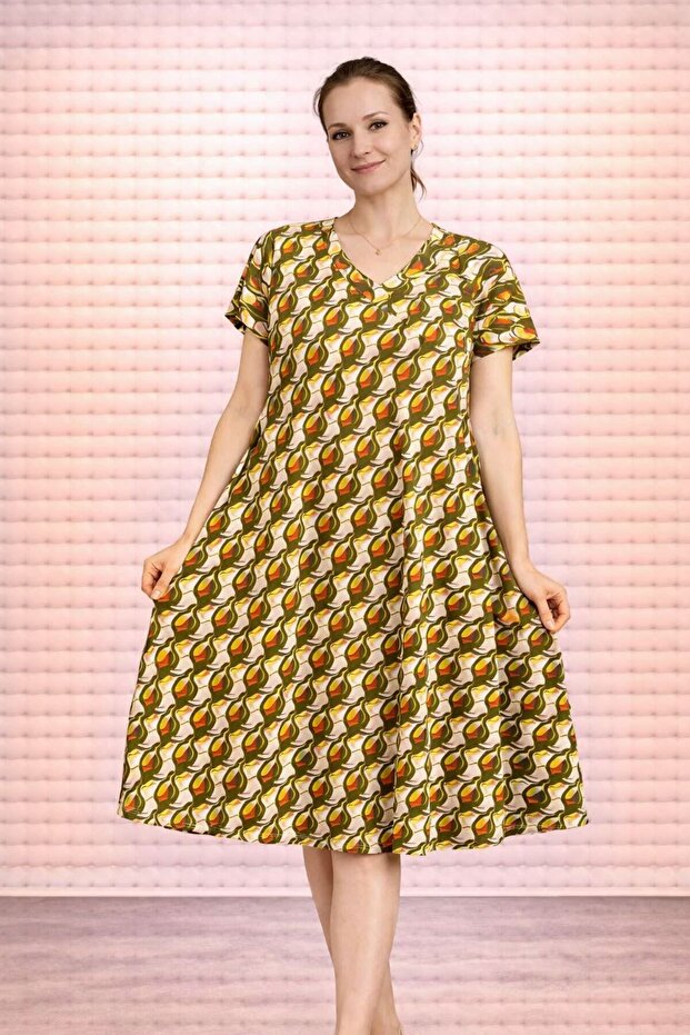 Women's Viscose Fabric Verev Cut Patterned Dress Standard Size 44/48