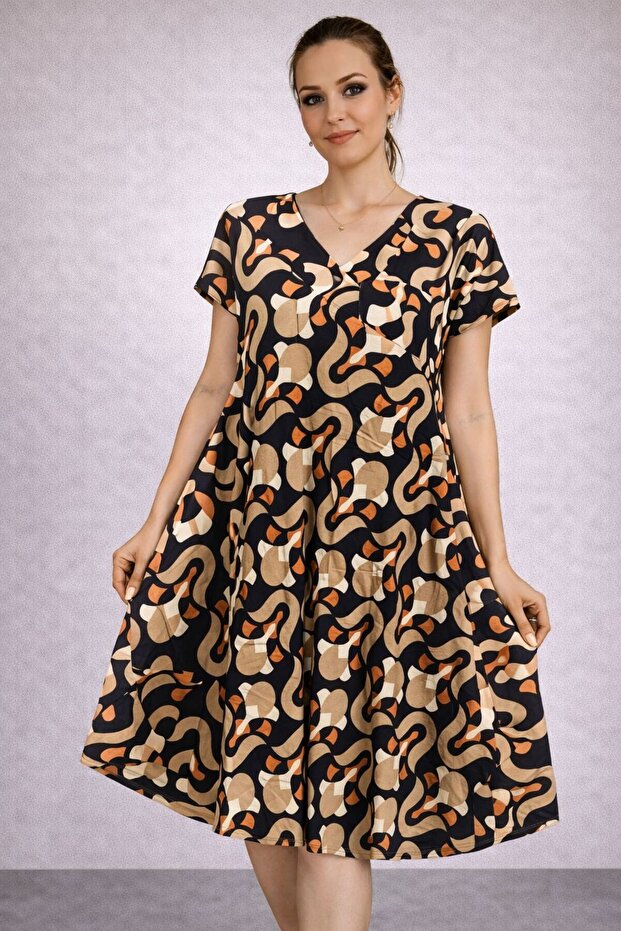 Women's Viscose Fabric Verev Cut Patterned Dress Standard Size 44/48