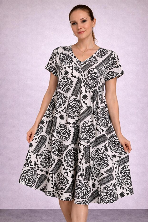 Women's Viscose Fabric Verev Cut Patterned Dress Standard Size 44/48