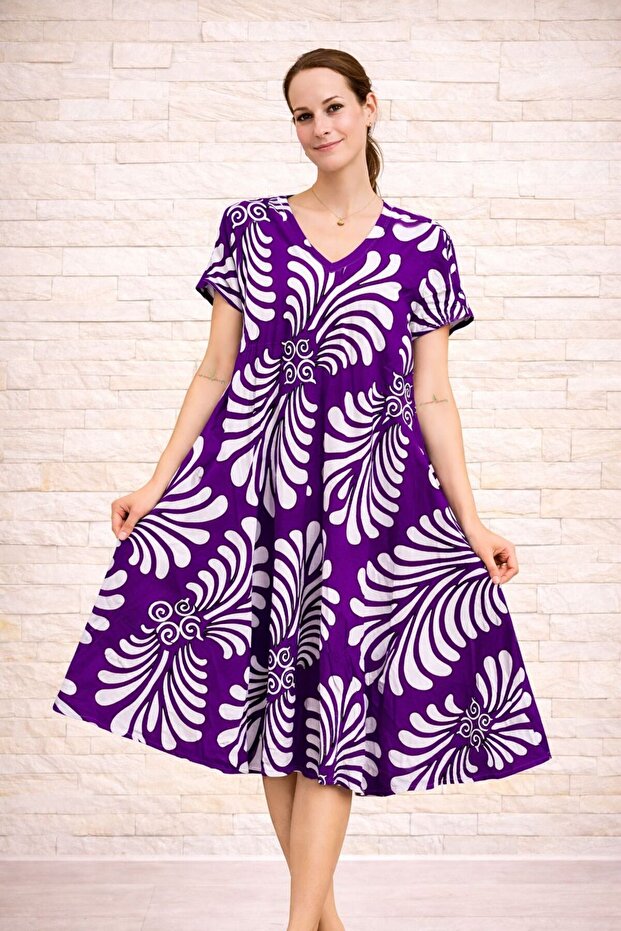 Women's Viscose Fabric Verev Cut Patterned Dress Standard Size 44/48