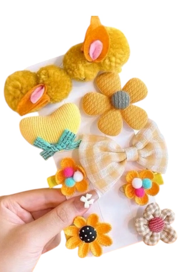 Girl and Baby Girl Yellow Rabbit Floral Bow Mixed Hair Clip Set Hair Accessory