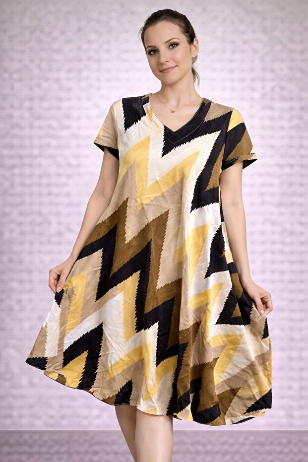 Women's Viscose Fabric Verev Cut Patterned Dress Standard Size 44/48