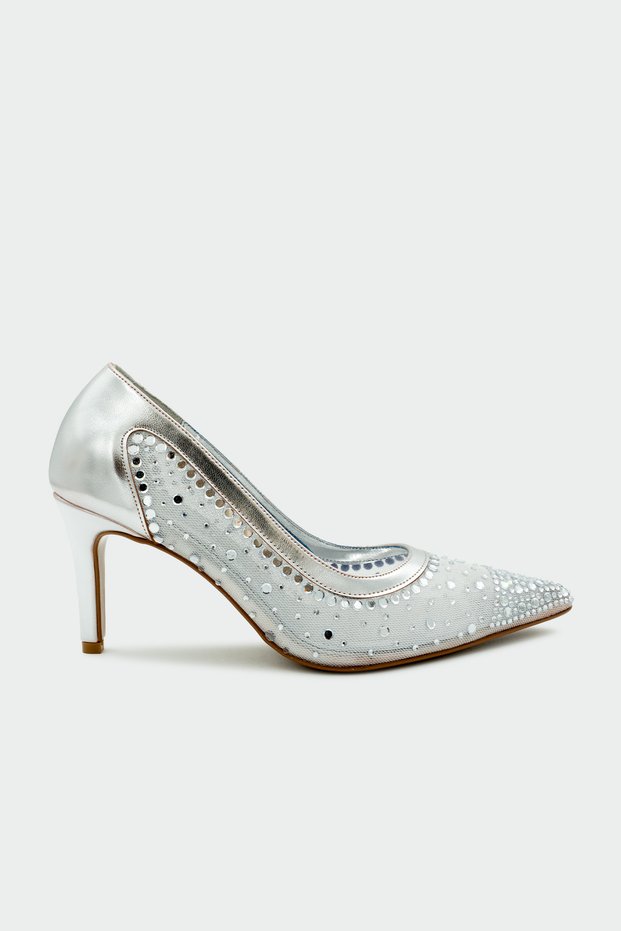 Miego Stone Detailed Women's Silver Heeled Shoes