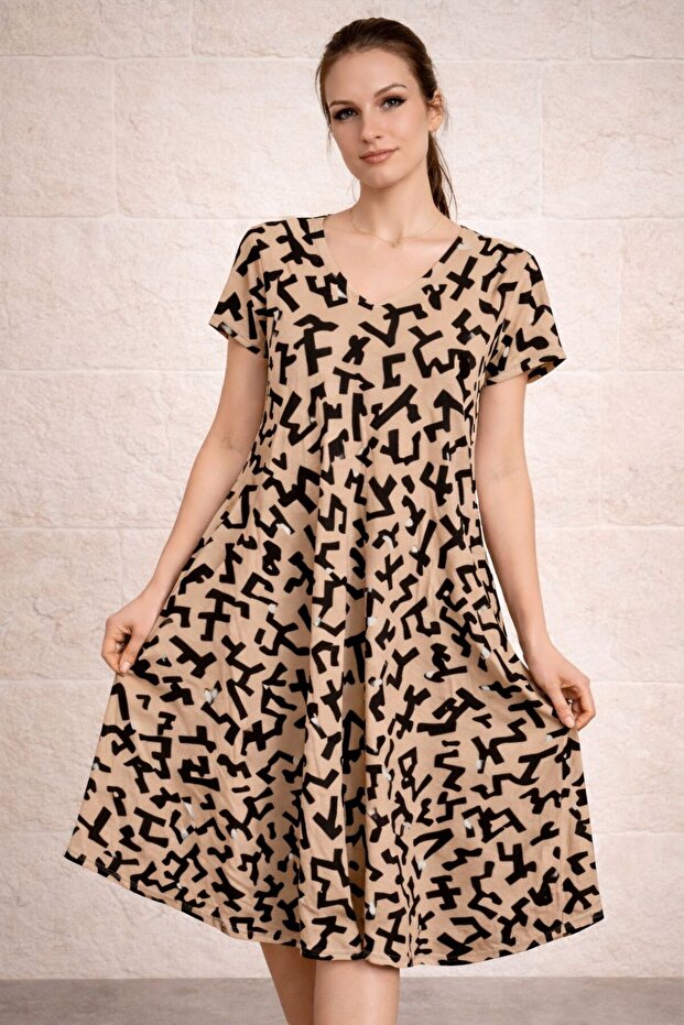 Women's Viscose Fabric Verev Cut Patterned Dress Standard Size 44/48